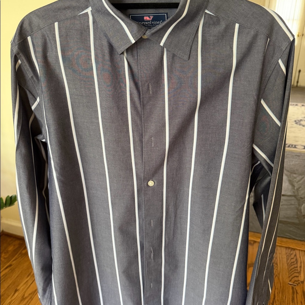 Performance Cotton Shirt - gray with wide white stripes.